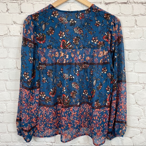 EVERLY Boho Lace Up Peasant Top S Blue - Picture 2 of 7
